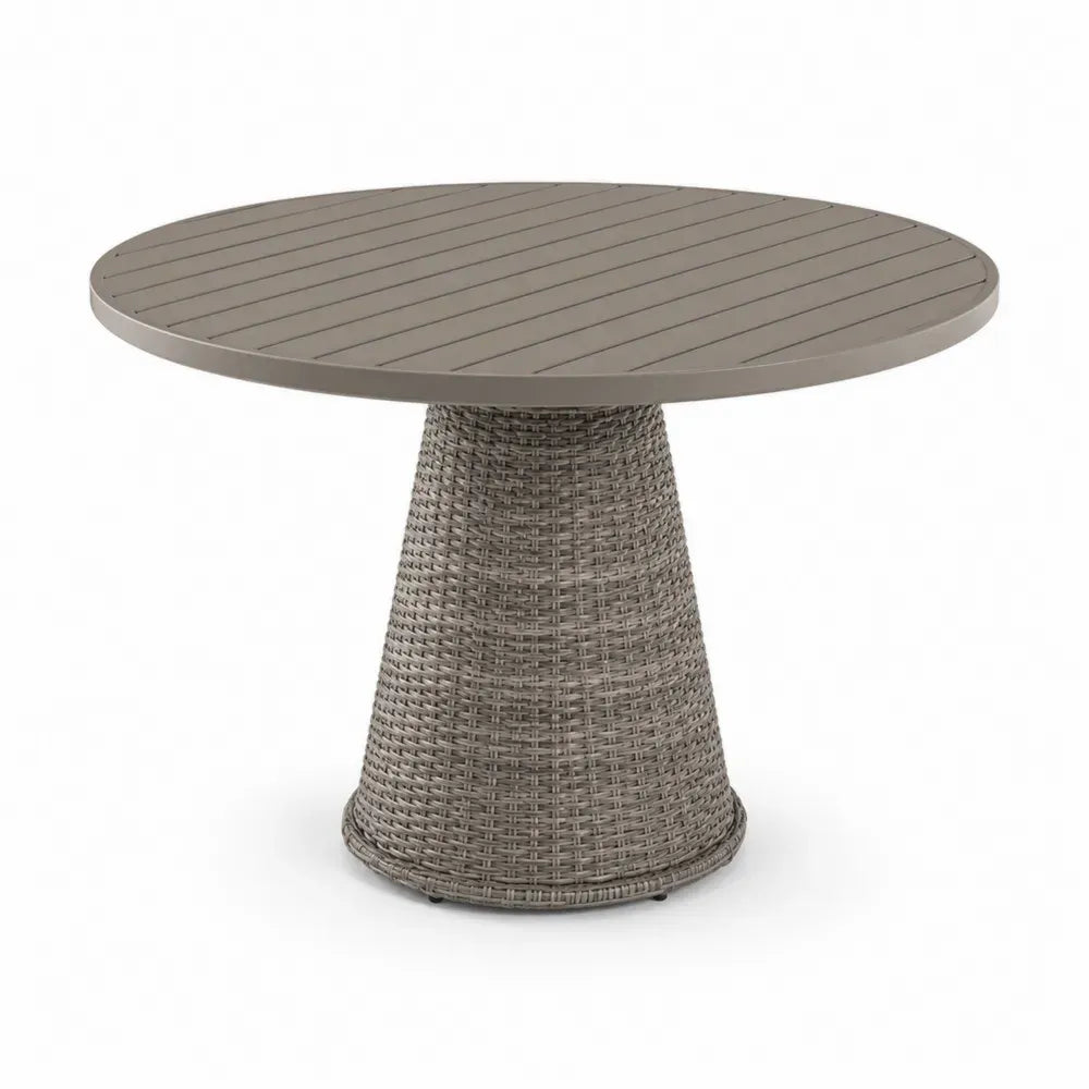 Runder Gartentisch mit WPC Lamellentischplatte PE-Rattan Sockel Aluminium Grau Taupegrau Ø 120 x 75 cm