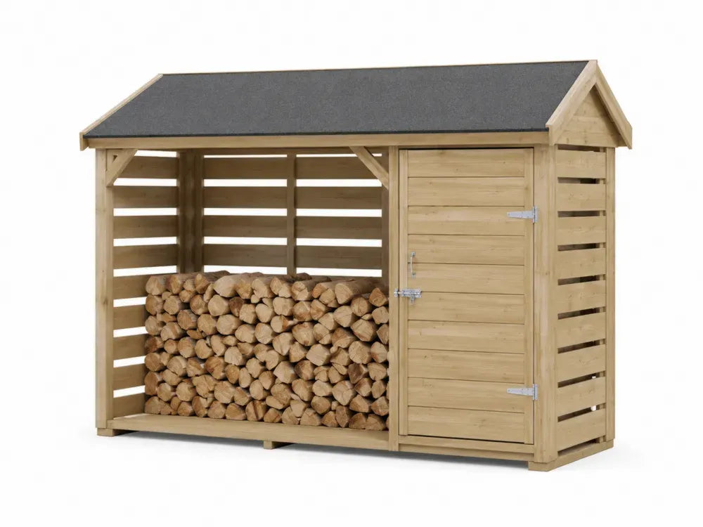 Gartenschuppen mit Brennholzregal und Geräteschrank Kiefernholz Satteldach Natur Schwarzgrau 300 x 90 x 180 cm