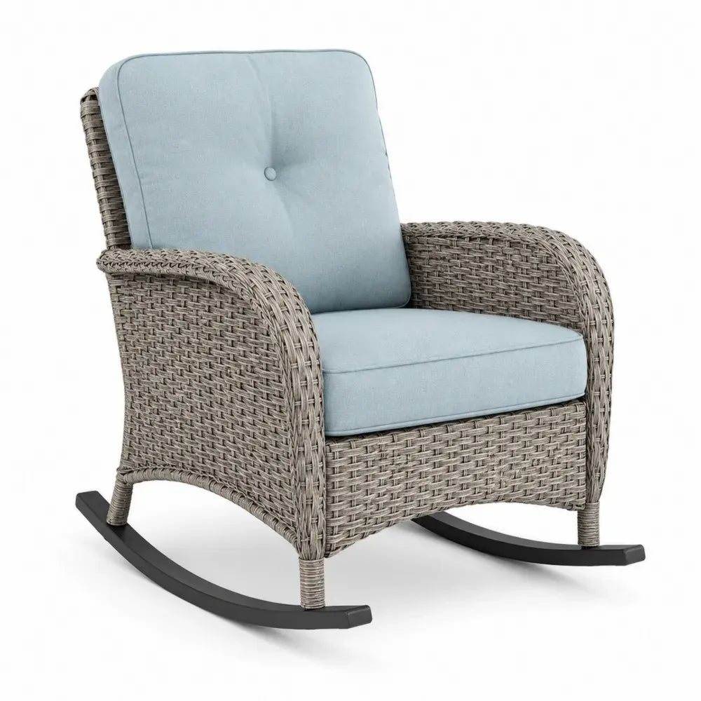 Gartenschaukelstuhl mit Armlehnen PE-Rattan Stahlrohr Polyesterkissen Graubeige Hellblau Schwarz 78 x 92 x 95 cm