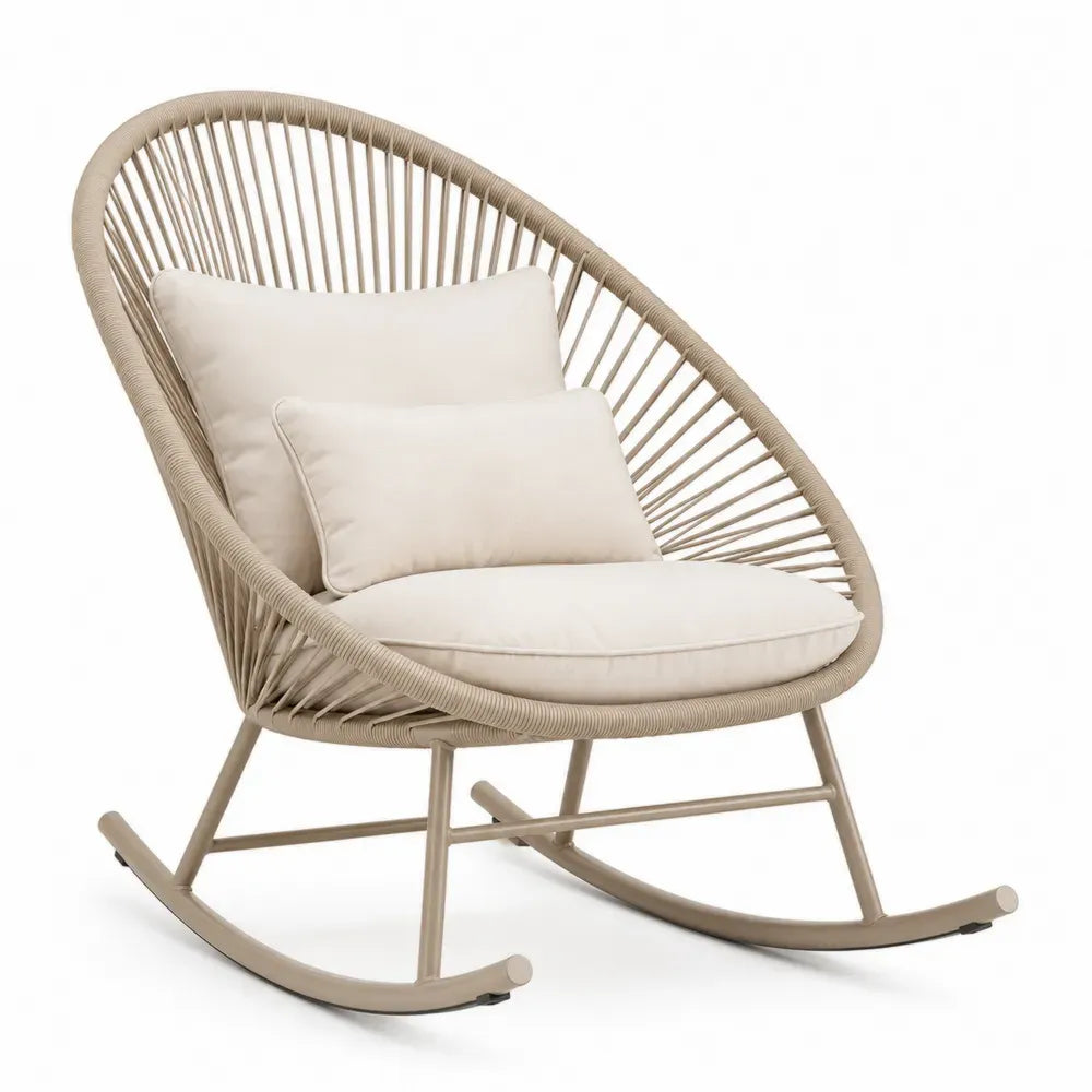 Garten Schaukelstuhl mit Kissen PE-Rundkordel Stahlgestell oval Beige Cremeweiß Taupe 95 x 92 x 96 cm