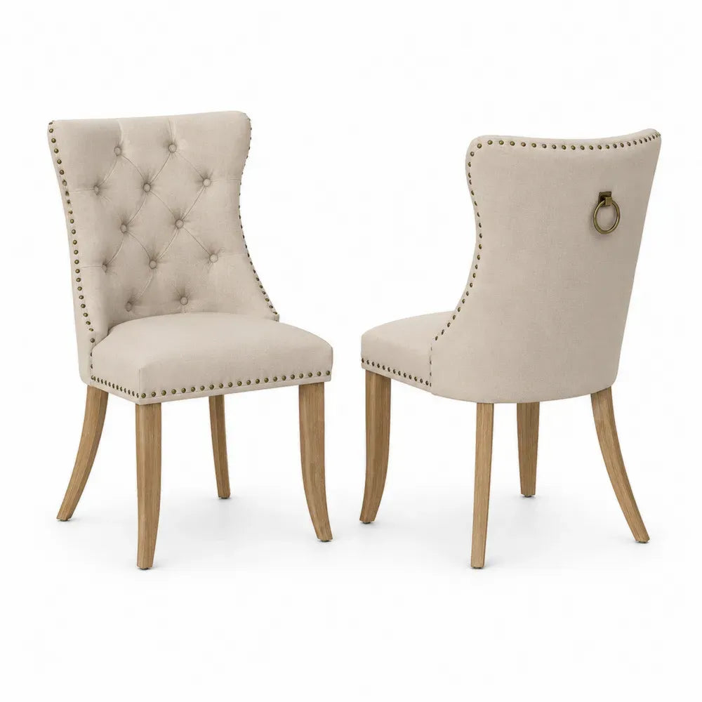 Esszimmerstühle 2er Set 56 x 63 x 101 cm Polyesterbezug Kautschukholz Sperrholz rechteckig Beige Natur Antikmessingfarben mit Knopfheftung