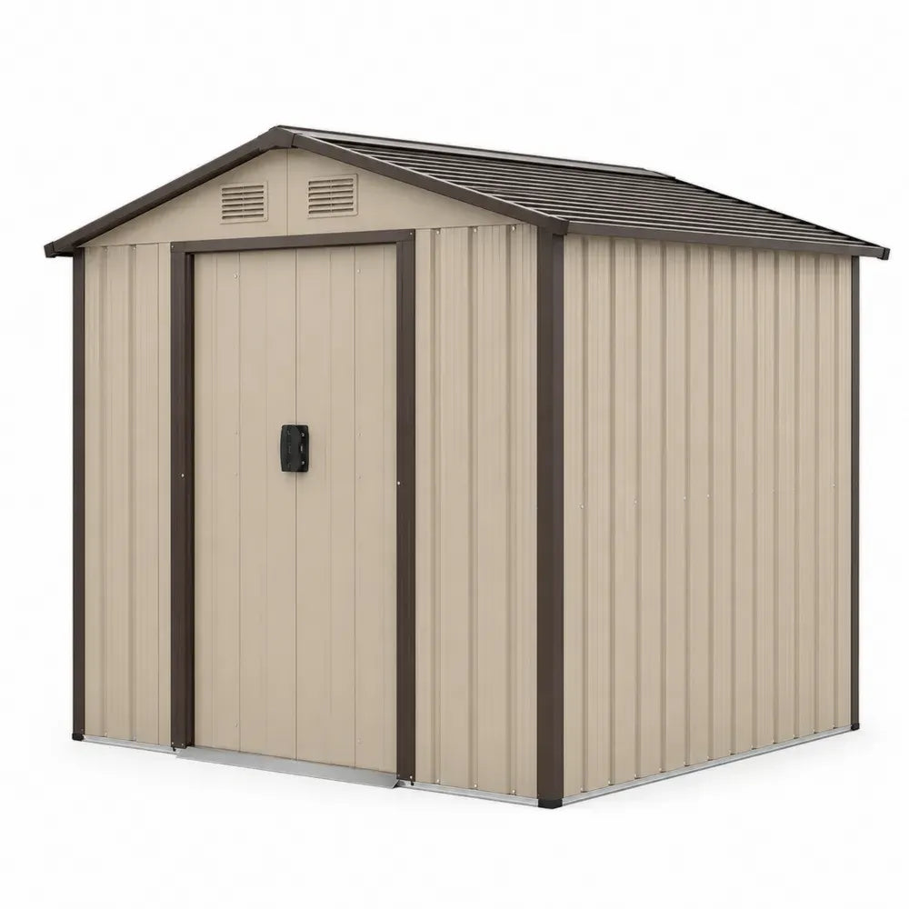 Gartenschuppen Metall aus verzinktem Stahl mit Satteldach und Doppelflügeltür Beige Dunkelbraun 257 x 205 x 202 cm