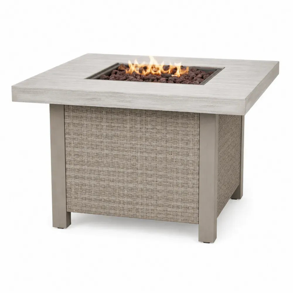 Quadratischer Gas Feuertisch mit Lavasteinen Aluminium PE-Rattan Betonoptik Grau Beige Taupe 107 x 107 x 63 cm