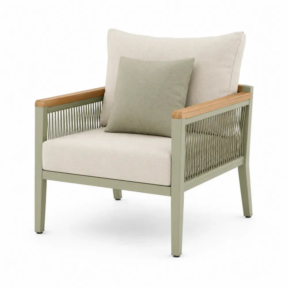 Gartensessel mit Armlehnen und Kissen Aluminium Akazienholz Seilgeflecht Salbeigrün Beige 80 x 82 x 85 cm