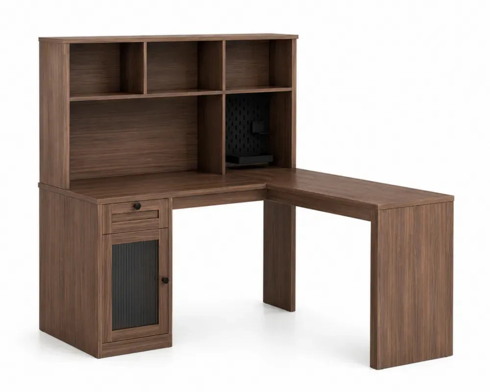 Eckschreibtisch mit Aufsatz 160 x 140 x 150 cm melaminbeschichtete Spanplatte L-Form Braun Schwarz