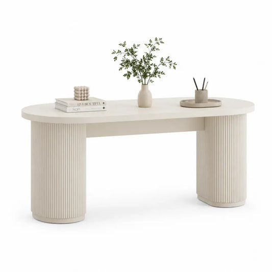 Schreibtisch mit ovaler Tischplatte 160 x 60 x 76 cm MDF geriffelte Säulenfüße Cremeweiß
