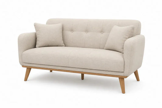 Zweisitzer-Sofa mit Armlehnen 145 x 78 x 78 cm Polyesterbezug Kautschukholz rechteckig Beige Naturholz mit Knopfheftung