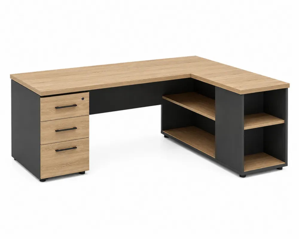 Eckschreibtisch L-Form aus melaminbeschichteter Spanplatte Eiche Nachbildung Schwarz 160 x 140 x 75 cm mit 3 Schubladen und Regalen