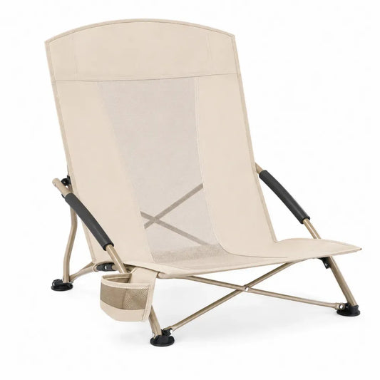 Klappbarer Gartenstuhl mit Armlehnen Getränkehalter Polyestergewebe Stahlrohr Beige Schwarz 58 x 68 x 84 cm