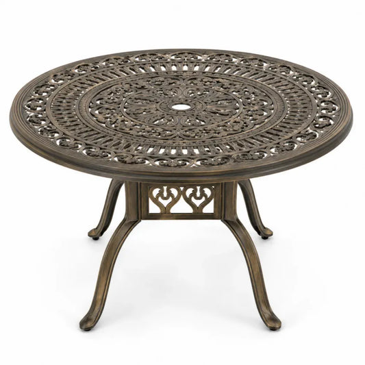 Gartentisch rund mit Sonnenschirmloch Aluminiumguss Ornamentmuster Antikbronze Ø 120 x 74 cm