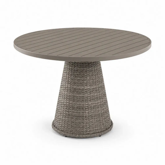 Runder Gartentisch mit WPC Lamellentischplatte PE-Rattan Sockel Aluminium Grau Taupegrau Ø 120 x 75 cm