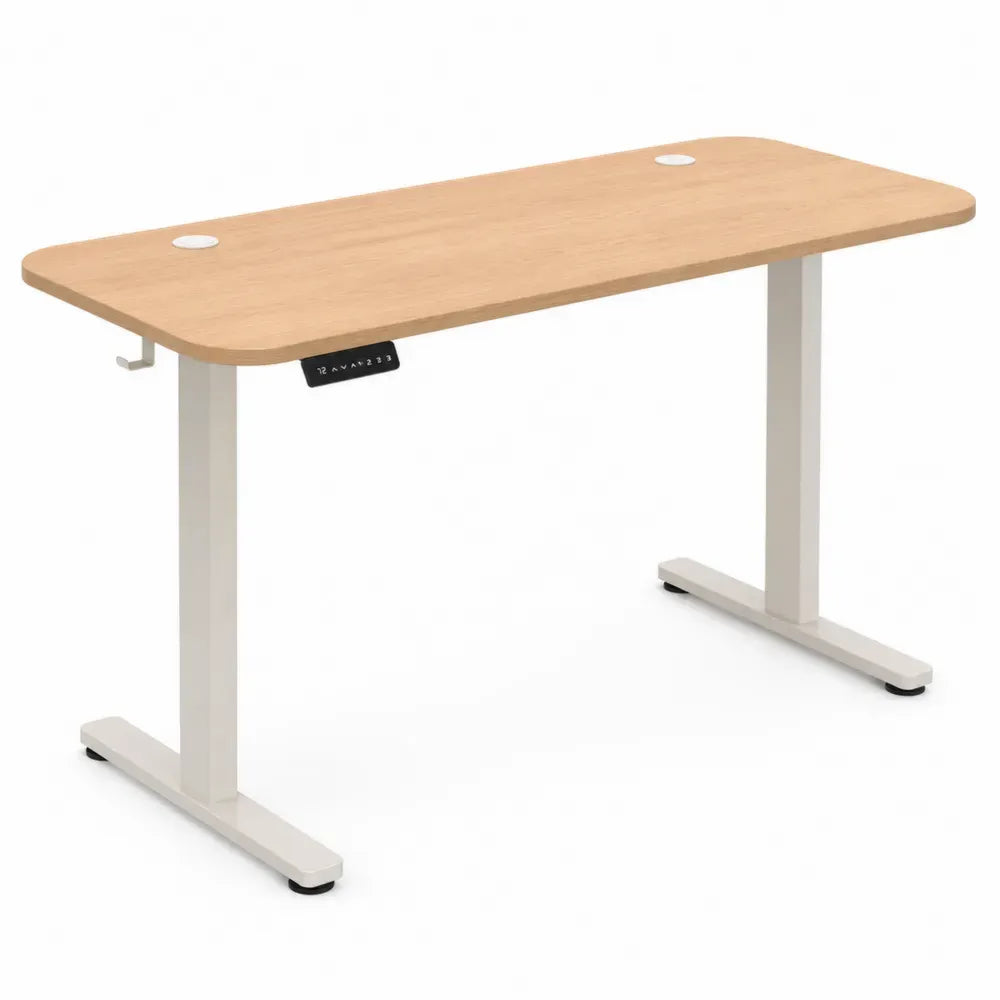 Elektrisch höhenverstellbarer Schreibtisch aus melaminbeschichteter Spanplatte und pulverbeschichtetem Stahl Eiche Weiß 140 x 70 x 72 bis 118 cm