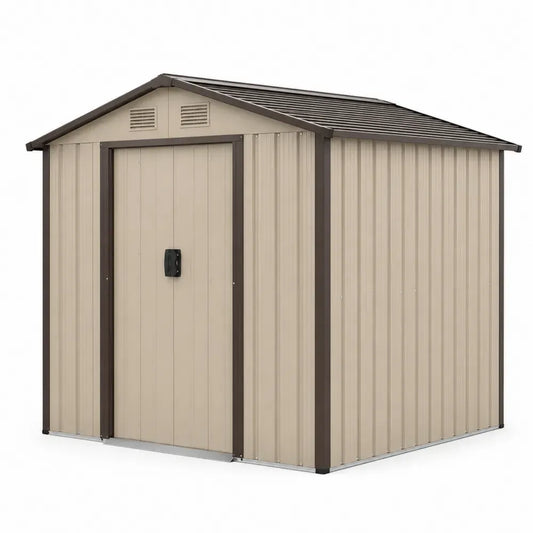 Gartenschuppen Metall aus verzinktem Stahl mit Satteldach und Doppelflügeltür Beige Dunkelbraun 257 x 205 x 202 cm