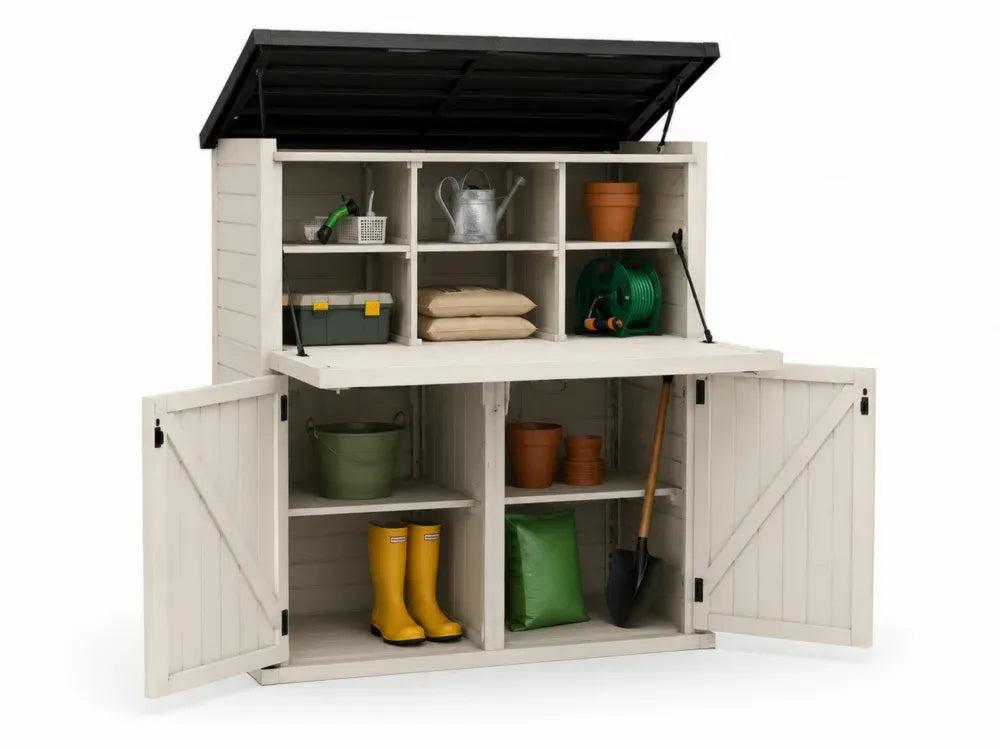 Gartenschrank Geräteschrank mit Klappdach und Doppeltüren 140 x 77 x 179 cm PP Kunststoff rechteckig beige schwarz