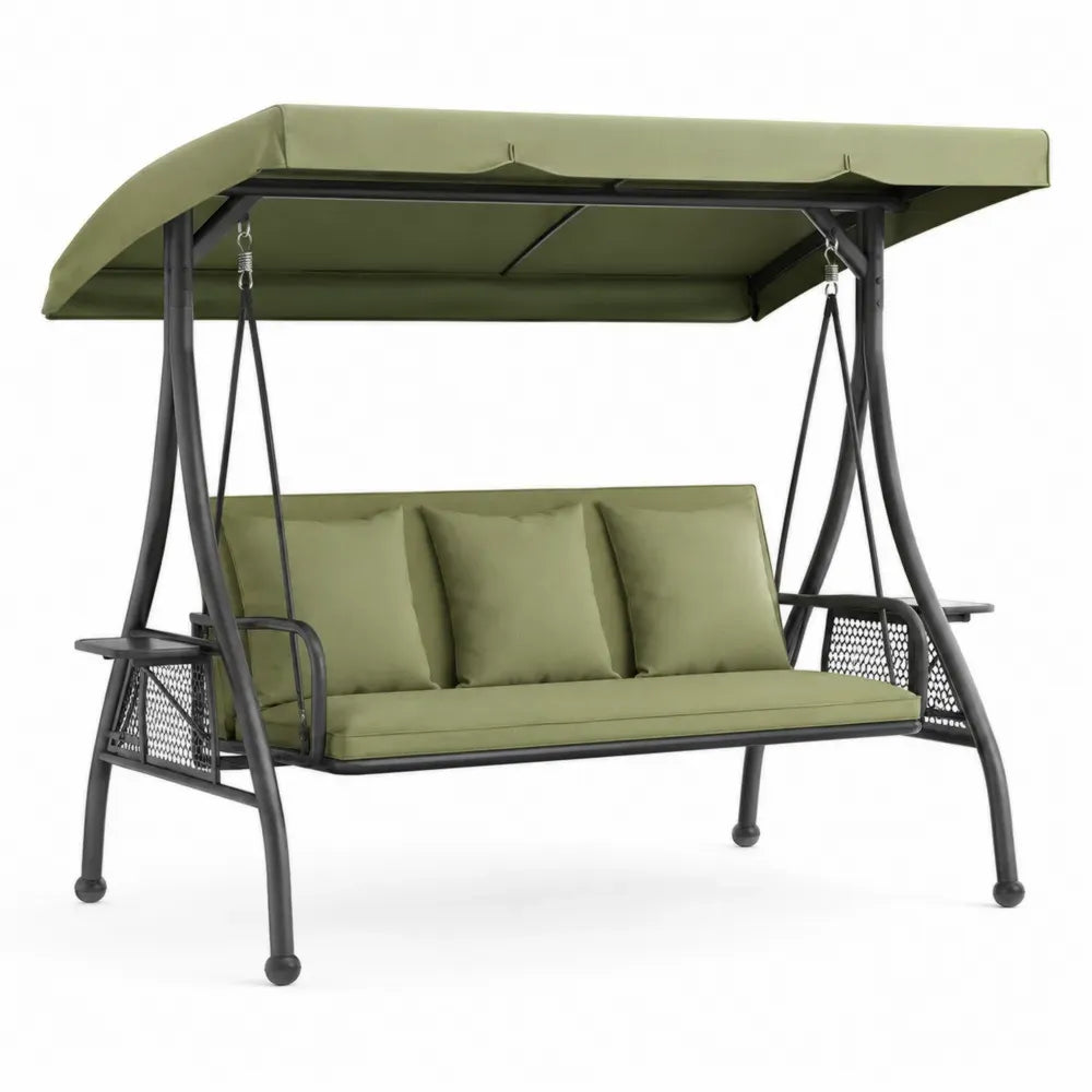 Gartenschaukel 3-Sitzer mit Dach und Kissen aus pulverbeschichtetem Stahl und Polyester Olivgrün Schwarz 190 x 120 x 170 cm