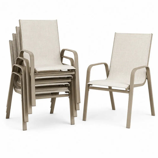 Gartenstühle 6er Set stapelbar mit Armlehnen Aluminiumrahmen und PVC beschichtetem Polyestergewebe Beige Taupe 58 x 67 x 94 cm