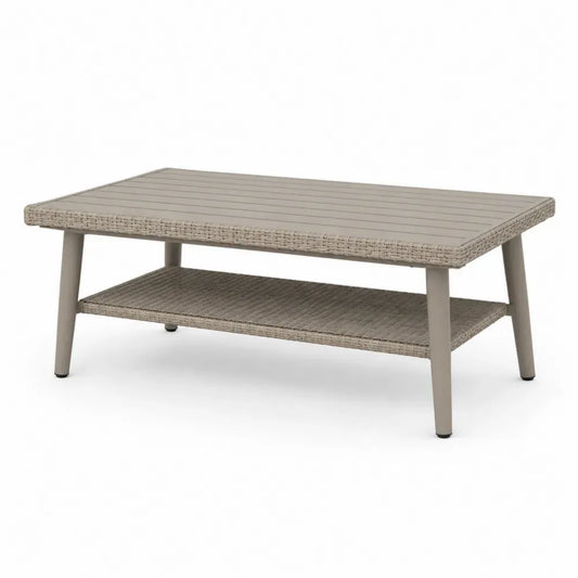 Rechteckiger Gartentisch mit Ablageboden PE-Rattan Aluminium Lamellenplatte Taupegrau Schwarz 120 x 60 x 45 cm