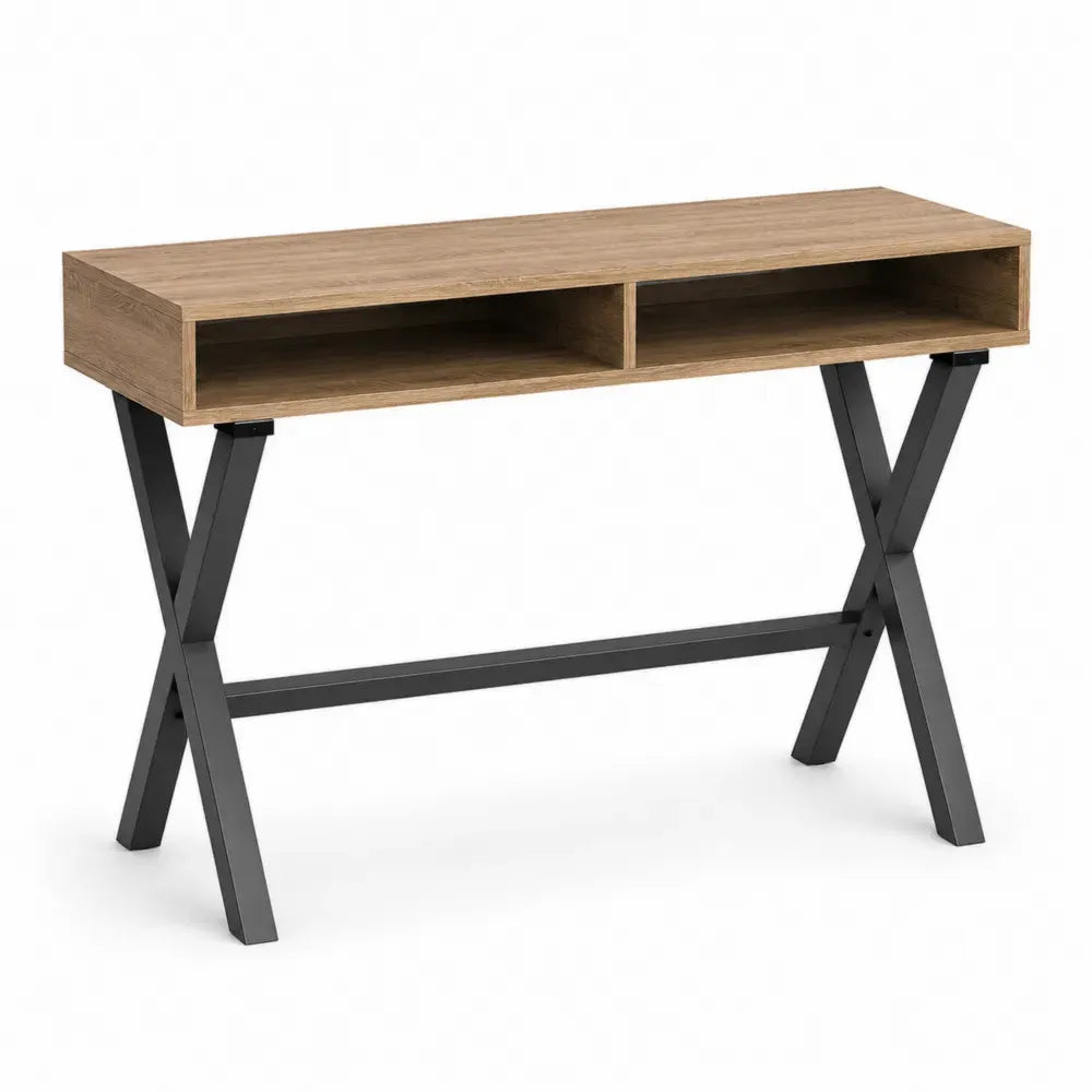 Schreibtisch mit 2 offenen Fächern 120 x 48 x 76 cm Holzspanplatte Stahlrohr X-Gestell Eiche-Dekor Schwarz