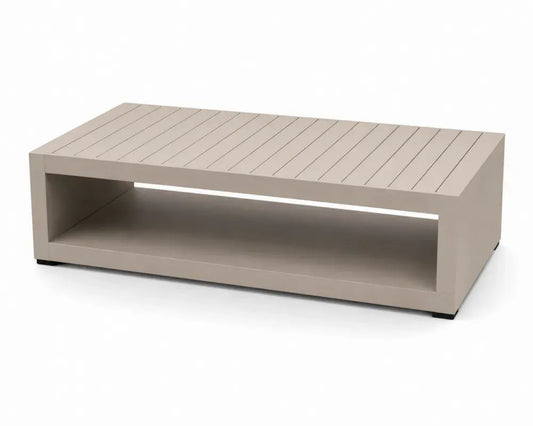 Gartentisch Couchtisch rechteckig mit offenem Ablagefach pulverbeschichtetes Aluminium Lamellenplatte Taupe Schwarz 120 x 60 x 40 cm