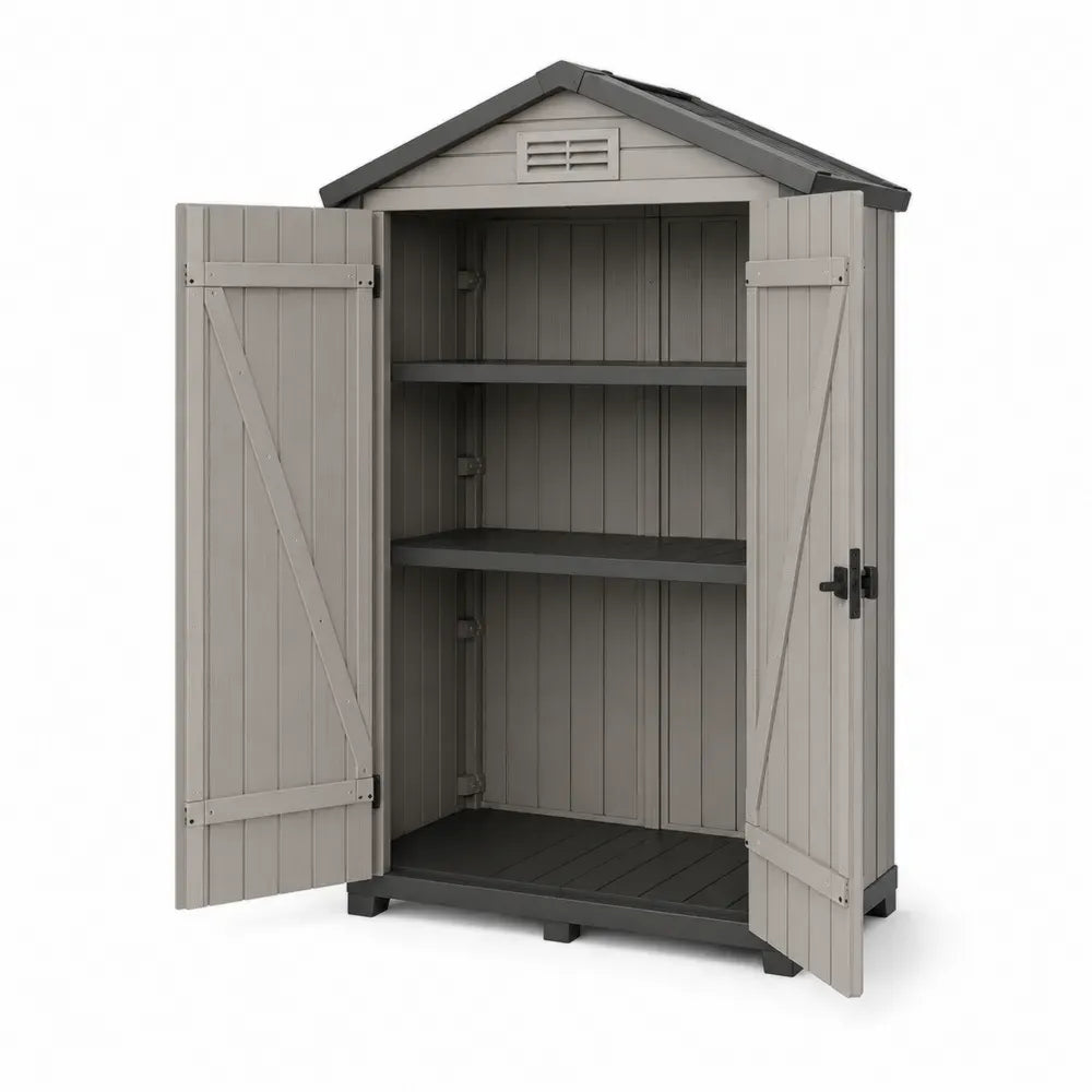 Gartenschrank Geräteschrank Outdoor mit Satteldach Doppeltür und Einlegeböden PP Kunststoff Beige Grau 140 x 75 x 180 cm