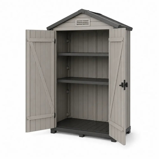 Gartenschrank Geräteschrank Outdoor mit Satteldach Doppeltür und Einlegeböden PP Kunststoff Beige Grau 140 x 75 x 180 cm