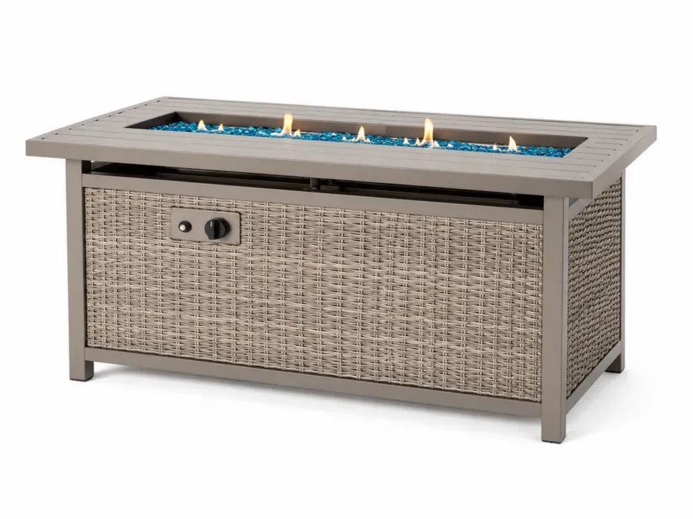Gas-Feuertisch Gartentisch rechteckig PE-Rattan Stahl Aluminium Taupegrau Beige Blau Schwarz 132 x 71 x 64 cm