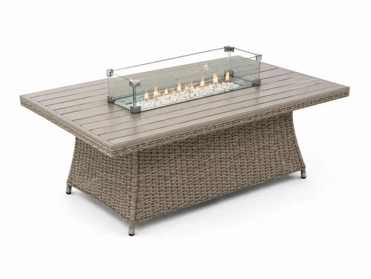 Rechteckiger Gas Feuertisch mit Glaswindschutz PE-Rattan Aluminium Gasbrenner Taupe Grau Klar 140 x 80 x 64 cm